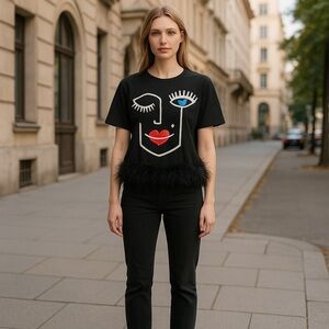 Black Graphic Face Top with Feather Trim